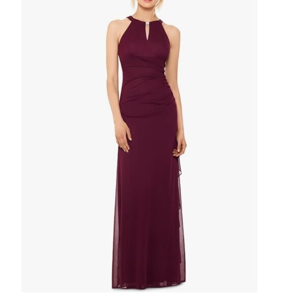 Betsy and Adam Sleeveless Halter Neck Ruffle Chiffon Gown, Dark Burgundy, Size 8 - Picture 1 of 5